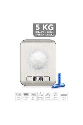 Dijital Mutfak Tartısı - Lcd Dijital Ekran 5kg Kapasiteli Paslanmaz Çelik Yüzeyli Hassas Tartı Gri
