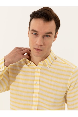 Cacharel Sarı Keten Karışımlı Slim Fit Uzun Kollu Gömlek