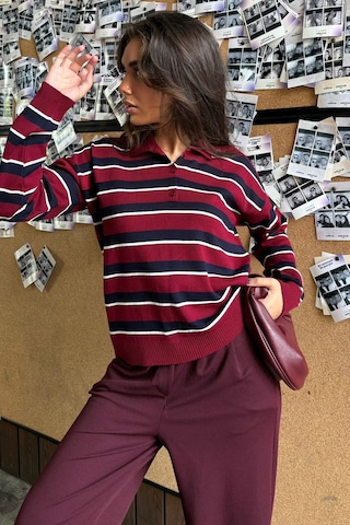 Madmext Bordo Çizgili Polo Yaka Düğmeli Kadın Kazak Mg2561 Bordo
