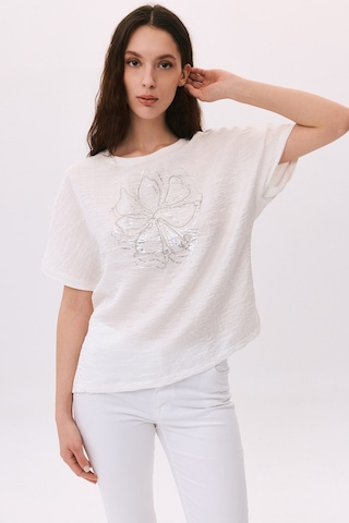 Daido Kadın Yuvarlak Yaka Kısa Kollu Desenli T-shirt 6217 Ekru