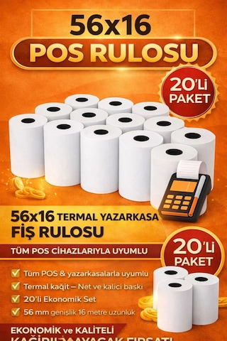 56x16 Termal Pos Kağıdı Rulosu 20'li - Tüm Pos Cihazlara Uyumlu