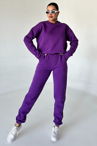 Modagen Unisex Mor Bisiklet Yaka Düz Oversize Alt-üst Eşofman Takımı Mor