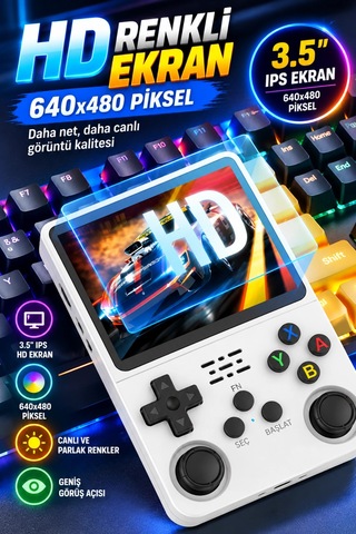 R36s Beyaz Retro El Oyun Konsolu 3.5 Inç Ips Ekran 64gb Retro Oyun Konsolu