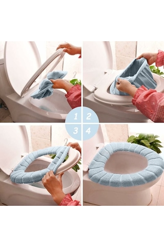 Yumuşak Tuvalet Oturağı Minderi 2 Parça Set Bej Mavi Triko Örgü B Diğer