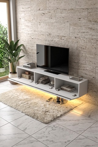 Pureline Tech Led Işıklı Tv Ünitesi 180 Cm - Modern Tv Sehpası - Beyaz Antrasit