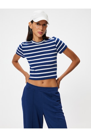 Koton Basic Tişört Kısa Kollu Bisiklet Yaka Slim Fit Lacivert Çizgili 5wal10227ık Lacivert