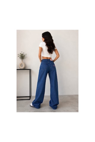 Kene Jeans Lacivert Arka Kemer Derili Cep Nakışlı Bol Paça Denim/kot Jeans Pantolon Lacivert