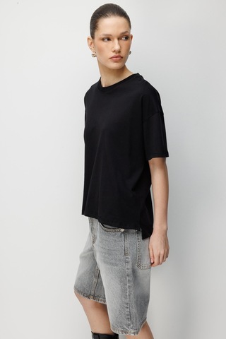 Mixray 4852 Kadın Yırtmaçlı Oversize Basic %100 Pamuk T-shirt Siyah Siyah