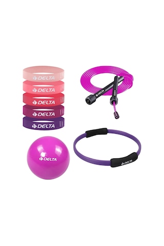 8 Parça Pilates Ve Fitness Seti Mini Pilates Topu, Pilates Çemberi, Ayarlanabilir Atlama İpi Ve 5 Li Direnç Bandı Mor