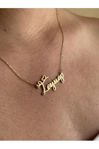 İsimli Kalpli Altın Gold 925 Ayar Gümüş Zincir Kolye Kişiye Özel Tasarım Gümüş