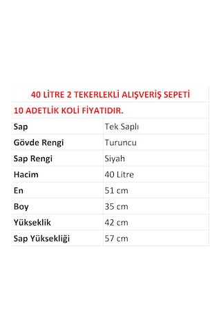 40 Litre 2 Tekerlekli Plastik Alışveriş El Sepeti Turuncu 10 Adet / En:51 Boy:35 Yükseklik:42 Cm