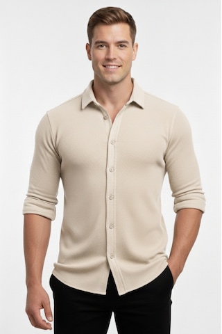 Deepsea Bej Slim Fit Örme Kumaş Likralı Erkek Gömlek Nefes Alan Esnek Ve Modern Tasarım 2602604 Bej