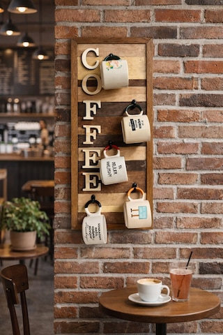 Ahşap Duvar Kupa Askılığı 5 Li Kahve Köşesi Organizer 25x61 Cm