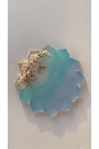 Su Mavisi Ve Yeşili Deniz Kabuklu Güneş Şekil Epoksi Bardak Altı Su Mavisi