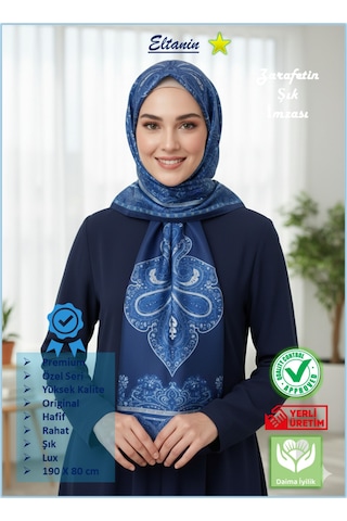 Premium Lux Original Etnik Desen Şal Vual İpek, 1. Sınıf, Hafif, Rahat, Şık, Tesettür Giyim Mavi - Lacivert