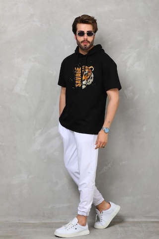 Vexor Erkek Kapüşonlu Kısa Kol Oversize Baskılı T-shirt - Siyah Çok Renkli