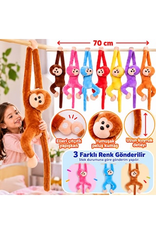 Oyuncak Peluş Maymun 3'lü Renkli Set Elleri Yapışabilen Sarılan Cırtlı Uyku Ve Oyun Arkadaşı Hediyelik Monkeysole 70 Cm Çok Renkli