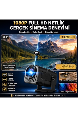 Android Tv 1080p Full Hd Projeksiyon Cihazı Wifi 6 Bluetooth 5.0 Otomatik Keystone Ev Sinema Projektörü