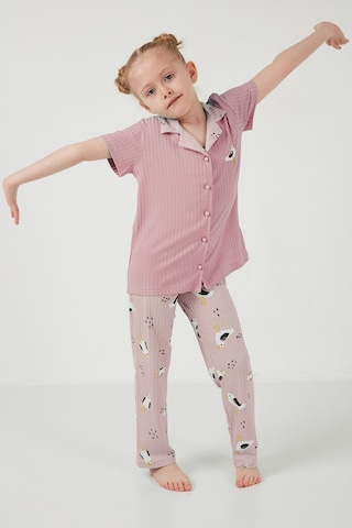 Lela Baskılı Beli Lastikli Gömlek Yaka Kısa Kollu Kız Çocuk Pijama Takımı 6576001 Pembe