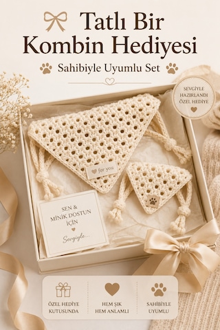 Kadın & Köpek Kombin El Örgüsü Minik Dost Bandana Seti Ayarlanabilir Evcil Hayvan Sahip Kombini Bohem Tasarım Krem