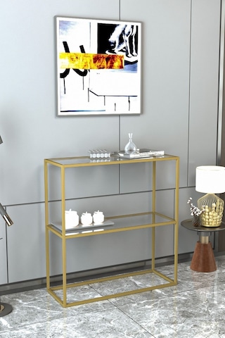 Berra Camlı Metal Dresuar Dekoratif Raflı Kahve Köşesi Konsol Gold