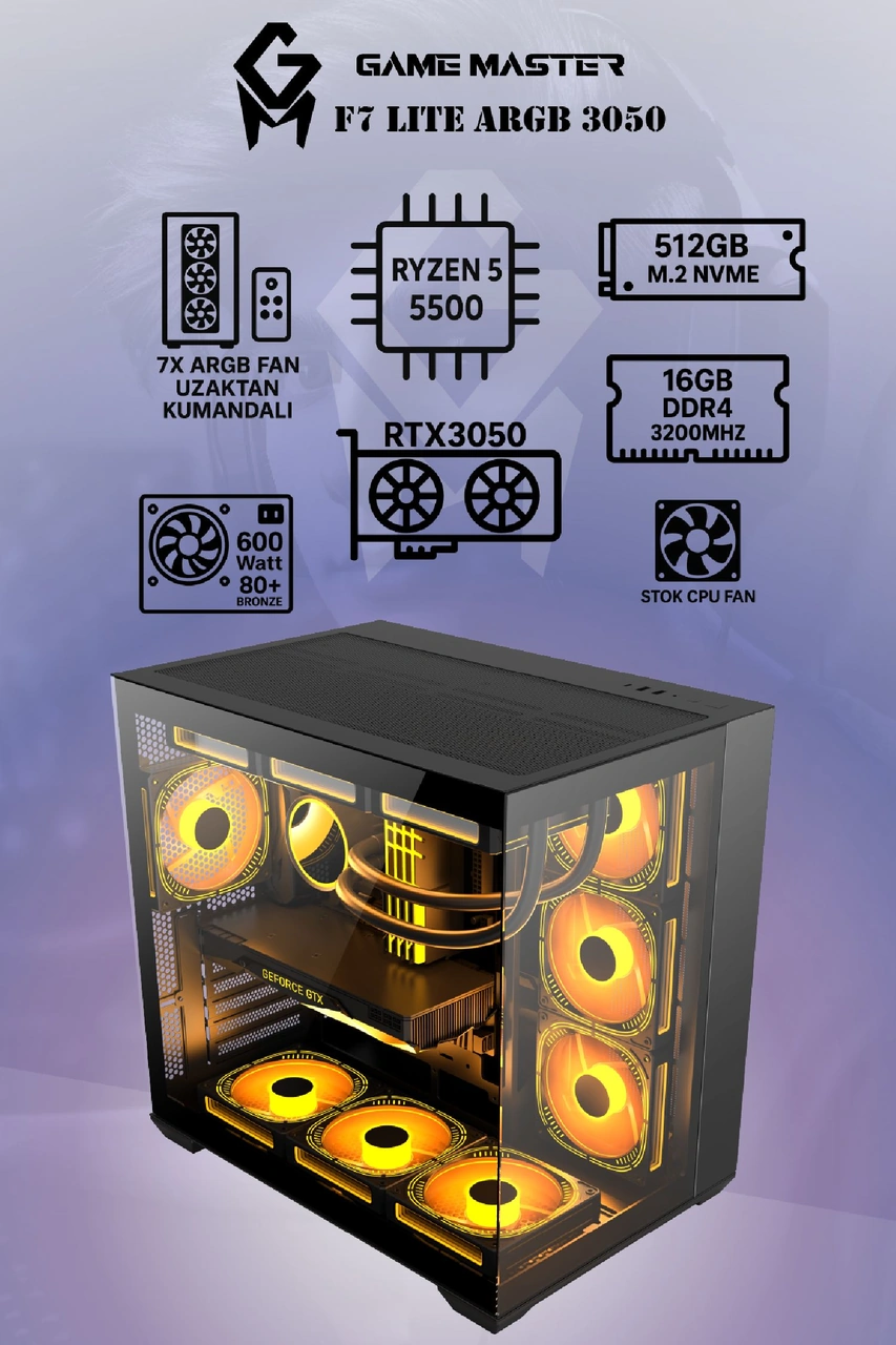 Game Master F7 Lite R5-5500 16 GB 512 GB RTX3050 Dos Masaüstü Oyuncu Bilgisayarı