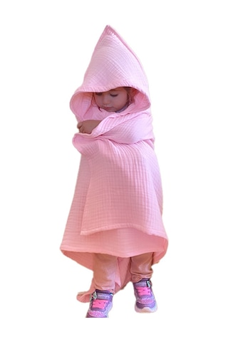 4 Katlı Müslin Kapşonlu Bebek Çocuk Banyo Havlusu Kundak Pembe