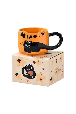 Suofeng Kedi Desenli Seramik Kupa Seti 380ml, Mikrodalga Güvenli, Kahve/süt İçin, Sarı, Ev Kullanıma Uygun Sarı