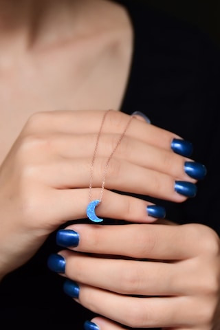 Papatya Silver 925 Ayar Gümüş Rose Kaplama Mavi Opal Taş Hilal Kadın Kolye