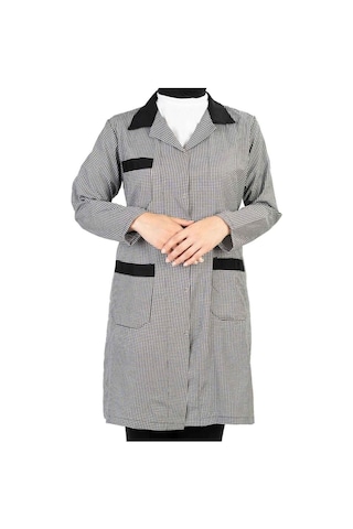 Ekose İş Önlüğü Piti Kareli Önlük Klasik Yaka Kadın Pötikare Önlük Mavi