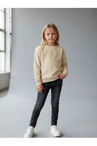 Kız Çocuk Pamuklu Taşlı Sweatshirt-16747 KREM