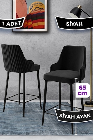 Canisa Tera Serisi 1 Adet 65 Cm Siyah Ada Mutfak Bar Sandalyesi Babyface Kumaş Siyah Metal Ayaklı Sandalyeler Siyah Ayaklar Siyah