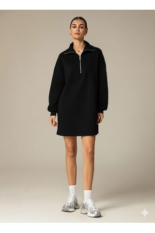 Afri 3 İplik Şardonlu Siyah Oversize Fermuarlı Tunik Sweatshirt - Günlük Spor Elbise Siyah