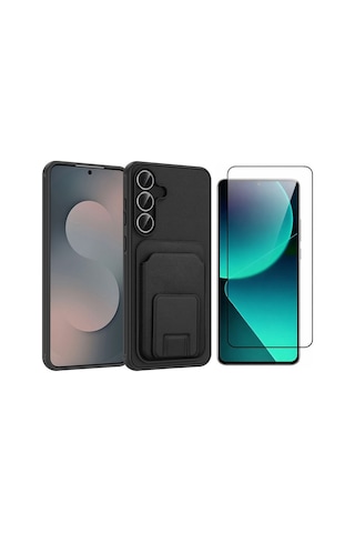 Vendas Samsung Galaxy Uyumlu S25 Fe Kılıf Kartlıklı Tpu Zore Bikart Kapak + Cam Ekran Koruyucu Siyah