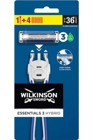 Wilkinson Essentials 3 Hybrid Erkek Tıraş Makinesi Sapı + 4 Yedek Tıraş Bıçağı