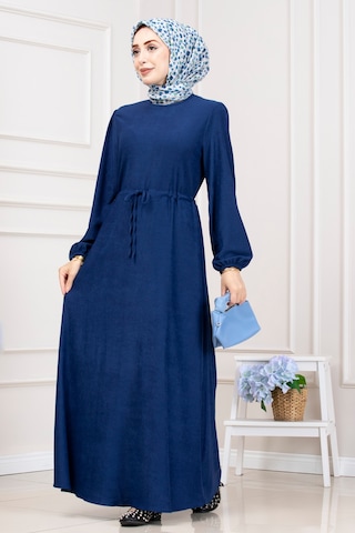 Sevitli Beli Tünelli Fitilli Aslı Elbise-saks Mavi-5465 Saks Mavi