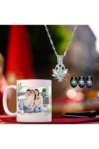 Kişiye Özel Love Temalı Bardak Ve Gece Parlayan Lotus Çiçeği Kolye Hediye Seti