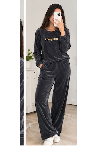 Mihra Mıhra Kadife Füme Bonjur Yazan Kadın Pijama Takımı Gri - Füme