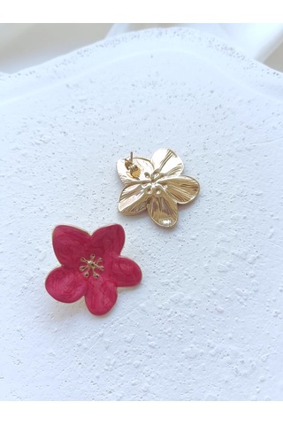 Çelik Fuşya Çiçekli Küpe Altın - Pembe