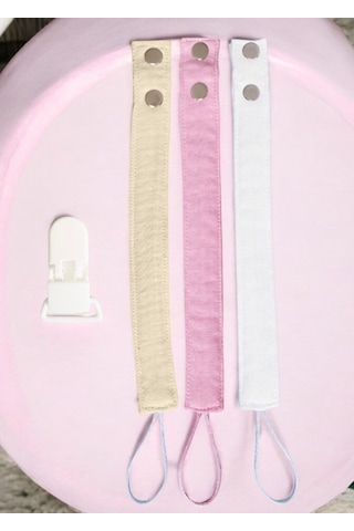 Joyous Mom Kids 3'lü Pamuk Müslin Bebek Emzik Askısı 1 Adet Plastik Klips Bej - Pembe