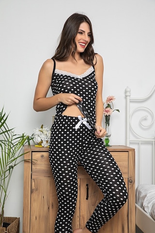 Kadın Siyah Renkli Puantiyeli Dantel Detaylı Şortlu Ve Taytlı Pijama Takımı 3'lü Set 75004 Siyah