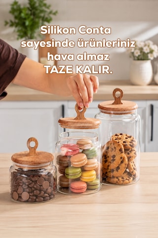 Porsima 4469 Handmade Vakum Kapaklı 3lü Cam Kavanoz Seti Vakum Kapaklı Saklama Düzenleme Kabı Seti Şeffaf
