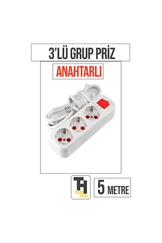 5 Metre 3'lü Anahtarlı Grup Priz