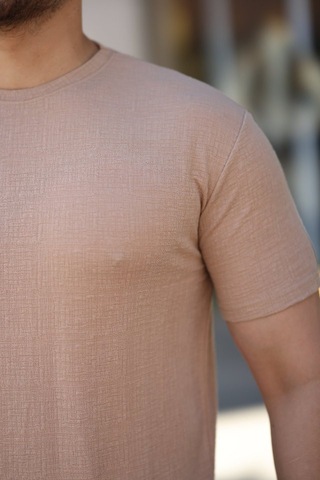 Veraura Lifestyle Erkek Ağaç Kabuğu Desenli Kısa Kollu T-shirt bej