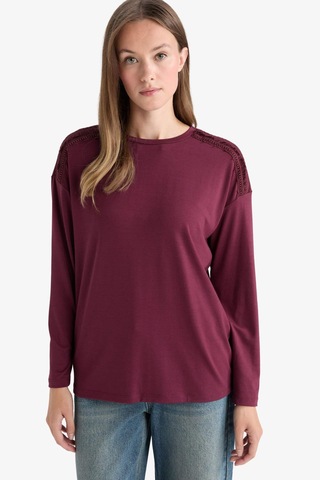 Defacto Regular Fit Bisiklet Yaka Uzun Kollu Tişört E9905ax25aubr115 Bordo