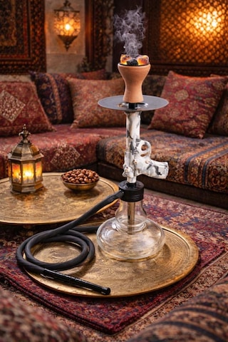 Modern Cam Nargile Takımı 55 Cm Şeffaf Taban 19 Cm Seramik Lüleli, Kalın Hortumlu Premium Nargile Seti