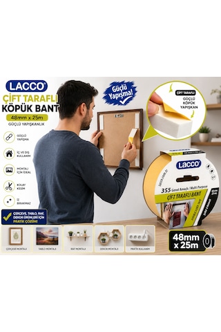 Lacco Çift Taraflı Köpük Bant 48 Mm X 25 M Güçlü Yapışkanlı Montaj Bandı Çok Amaçlı Beyaz 1 Adet