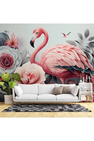 3 Boyutlu Pembe Pelikan Ve Çiçek Duvar Kağıdı Baskı 1 M²