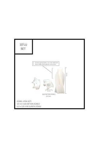 Dübel-vida Seti, Gaz Beton Ytong Dübeli 10 Mm, 6,0x120 Yhb Sunta Vidası, 10 Adet