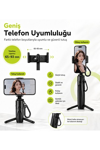 Bluetooth 5.2 Selfie Çubuğu Ve Tripod 47,5 Cm Teleskopik Uzaktan Kumandalı